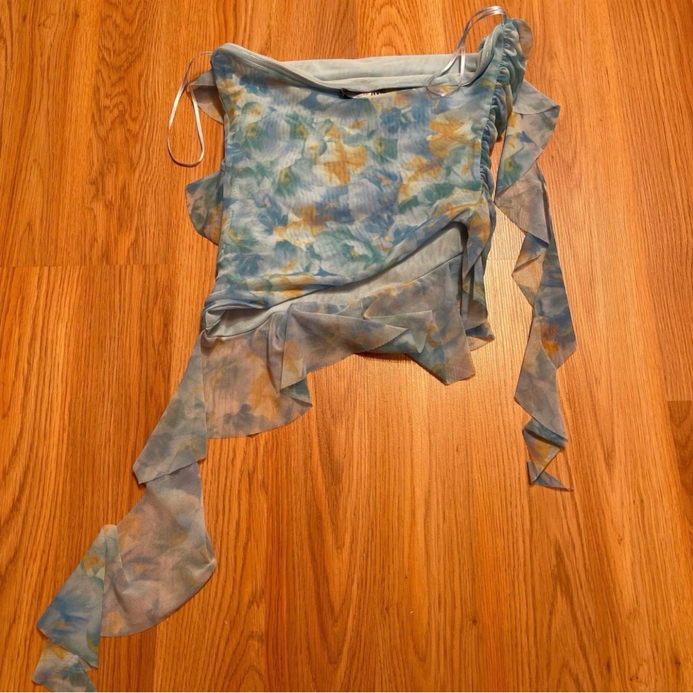 Blue and Yellow Floral Ruffle Top